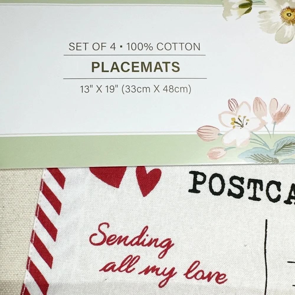 NEW Lillian August LOVE LETTERS Cotton Placemats with Pocket Set/4